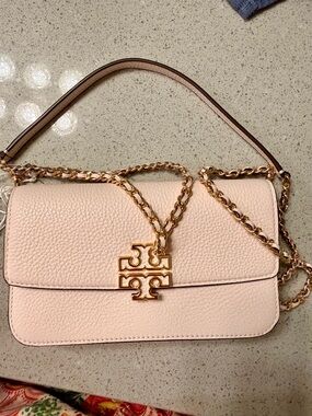 Tory Burch Blush Pebbled Leather Chain Shoulder Bag with Gold Logo